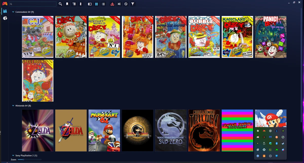 Playnite library showing box art grid for Commodore 64 and N64 games