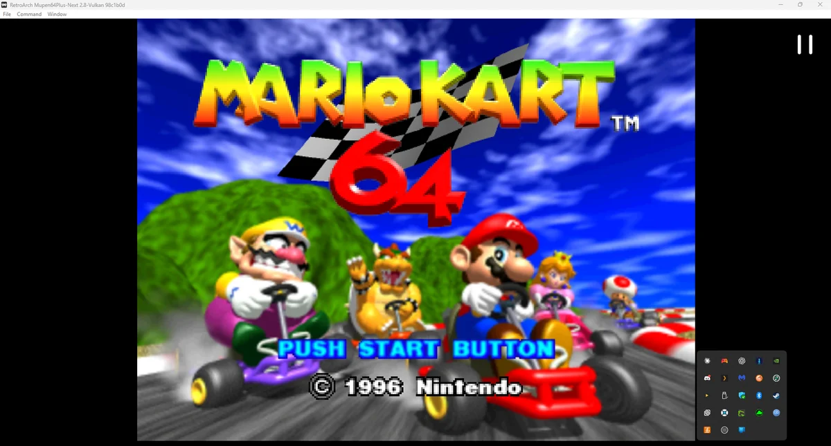 Mario Kart 64 title screen running in RetroArch Mupen64Plus-Next