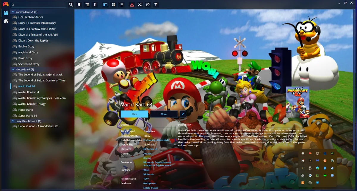 Playnite game detail panel showing Mario Kart 64 metadata and background art