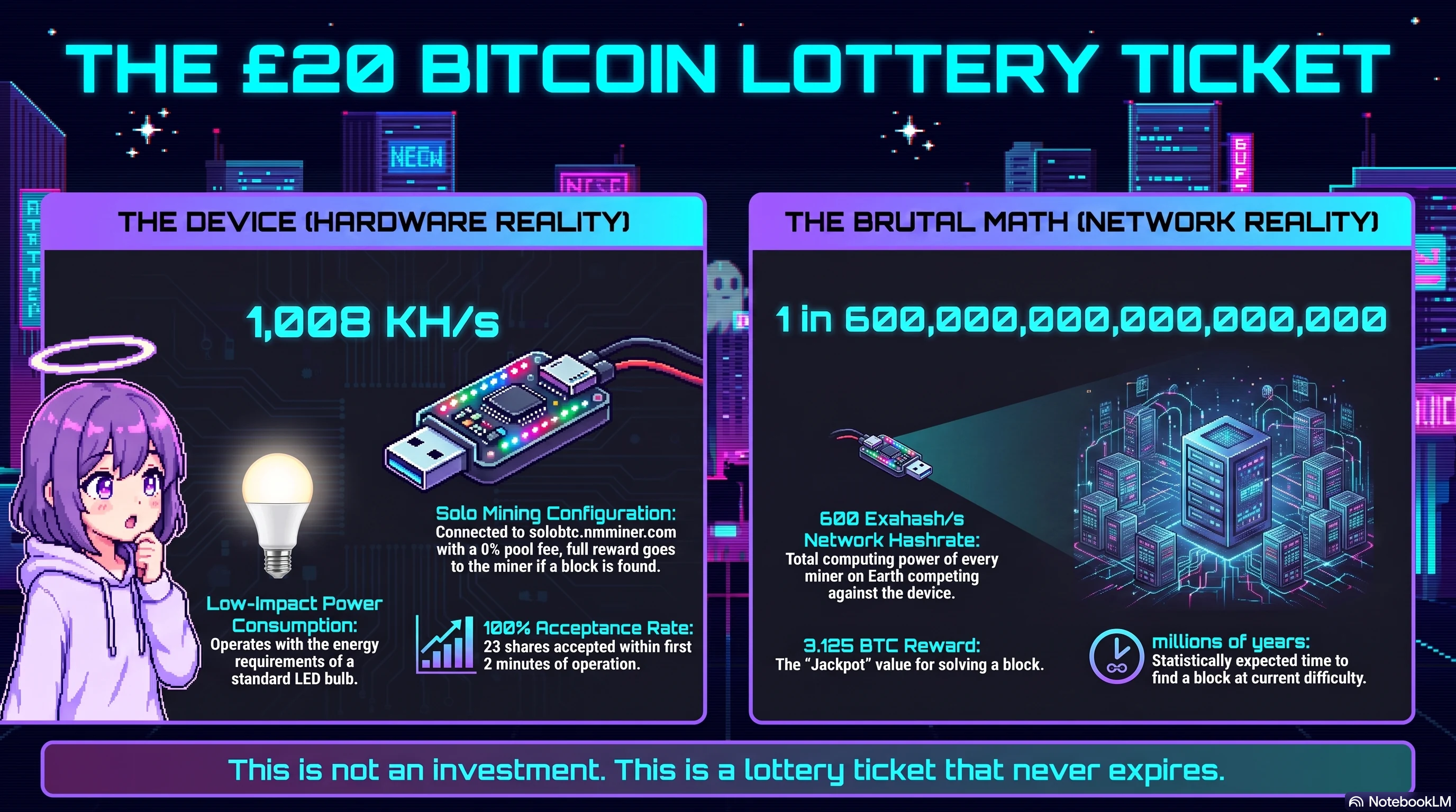 The £20 Bitcoin Lottery Ticket — device stats vs network reality infographic
