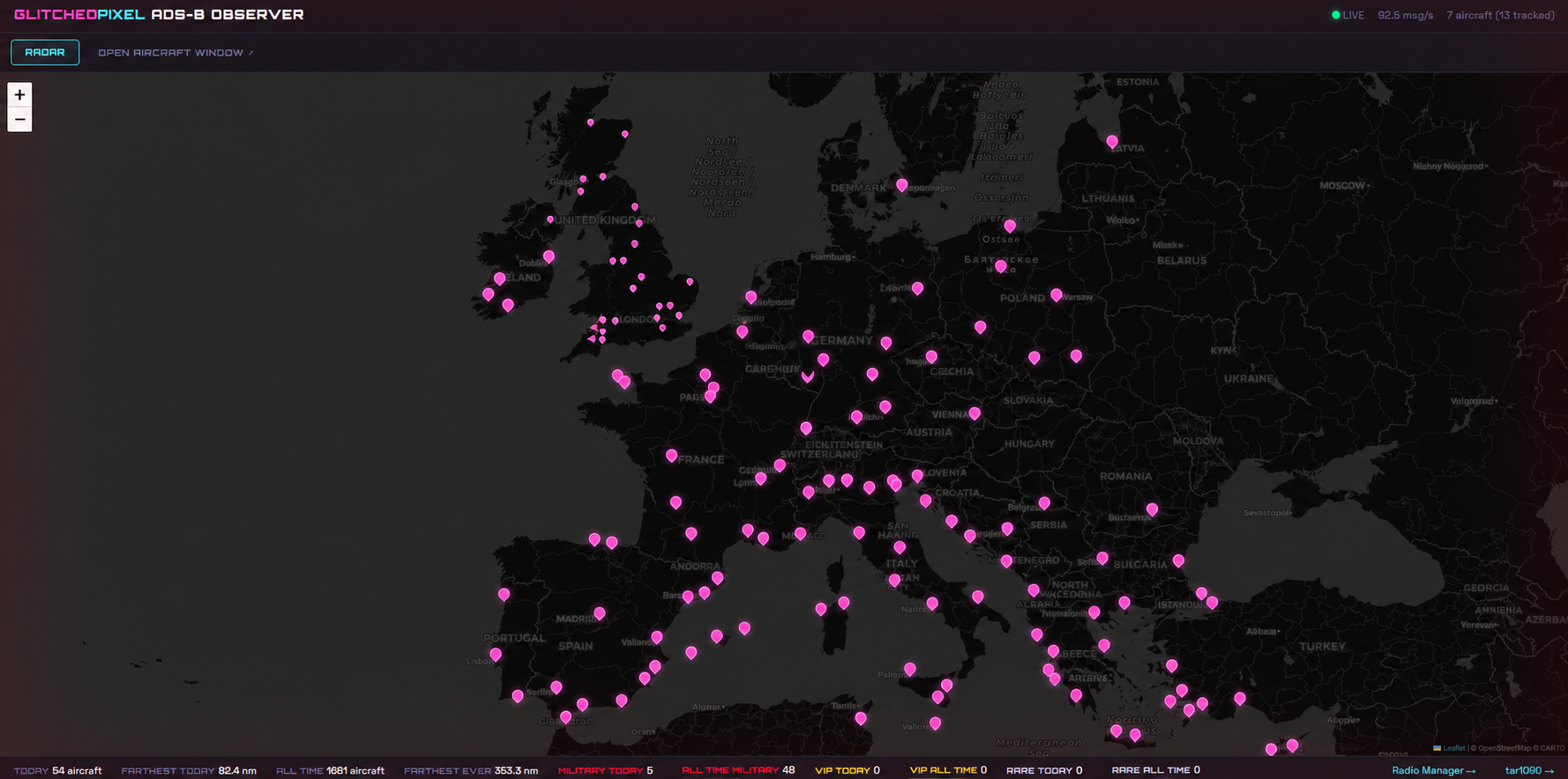 Pixel Radar broad Europe airport-history map with privacy-sensitive receiver location indicators removed